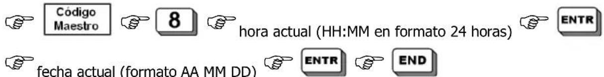 Código Maestro 8 hora actual (HH:MM en formato 24 horas) ENTR fecha actual (formato AA MM DD) ENTR END