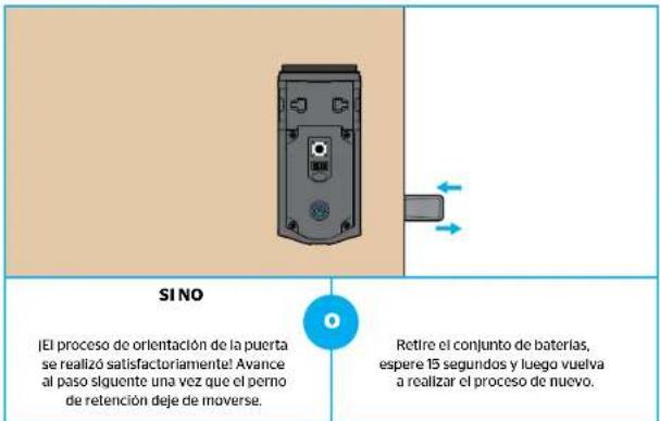 SI NO ¡El proceso de orientación de la puerta se realizó satisfactoriamente! Avance al paso siguiente una vez que el perno de retención deje de moverse. Retire el conjunto de baterías, espere 15 segundos y luego vuelva a realizar el proceso de nuevo.