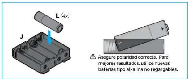 L (4x) J Asegure polaridad correcta. Para mejores resultados, utilice nuevas baterías tipo alkalina no regargables.
