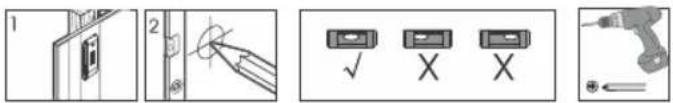 Diagram showing electrical switch installation steps: first panel with switch, second panel with checkmark and X marks, third panel with tool and power plug