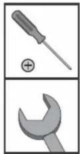 Two grayscale illustrations of screwdrivers: one with a plus sign, the other with a wrench (no text or symbols)