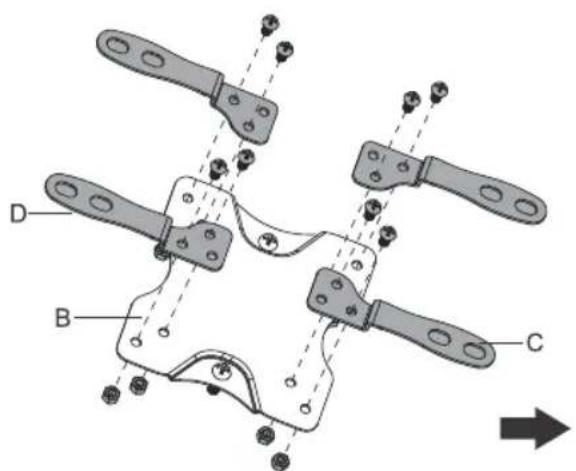 Technical diagram of a mechanical clamp or bracket assembly with labeled parts A, B, C, D and bolt holes