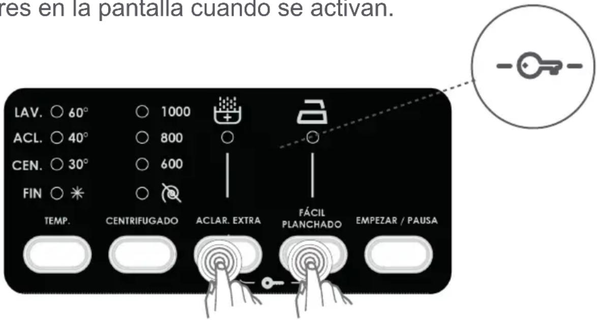 res en la pantalla cuando se activan. LAV. ○ 60° ACL. ○ 40° CEN. ○ 30° FIN ○ * TEMP. CENTRIFUGADO ACLAR. EXTRA FÁCIL PLANCHADO EMPEZAR / PAUSA