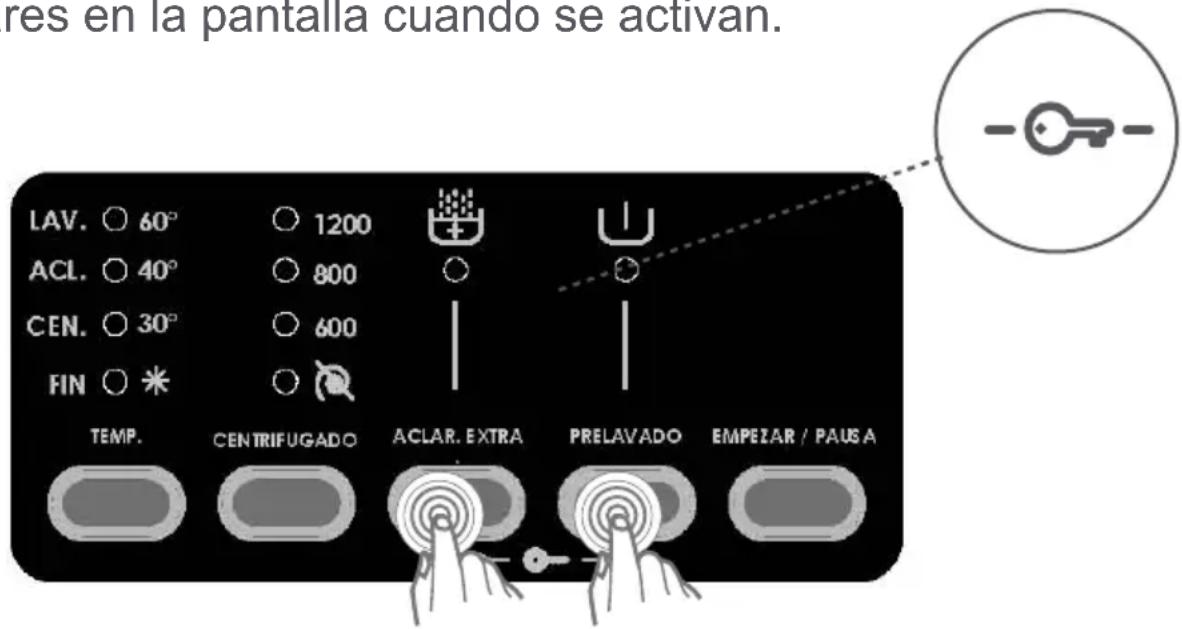res en la pantalla cuando se activan. LAV. ○ 60° ACL. ○ 40° CEN. ○ 30° FIN ○ * TEMP. CENTRIFUGADO ACLAR. EXTRA PRELAVADO EMPEZAR / PAUSA