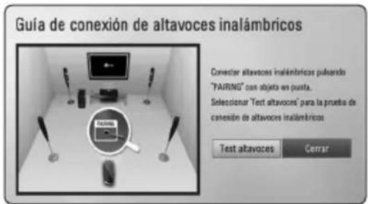 Guía de conexión de altavoces inalámbricos Convecer altavoces inalámbricos pulsando "PAIRING" con objeta en puesta. Seleccionar "Test altavoces" para la prueba de canexión de altavoces inalámbricos Test altavoces Cerrar