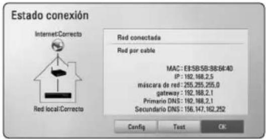 Estado conexión Internet:Correcto Red local:Correcto Red conectada Red por cable MAC: E85B:5B:8B:6E:40 IP: 192.168.2.5 máscara de red: 255.255.255.0 gateway: 192.168.2.1 Primario DNS: 192.168.2.1 Secundario DNS: 156.147.162.252 Config Text OK