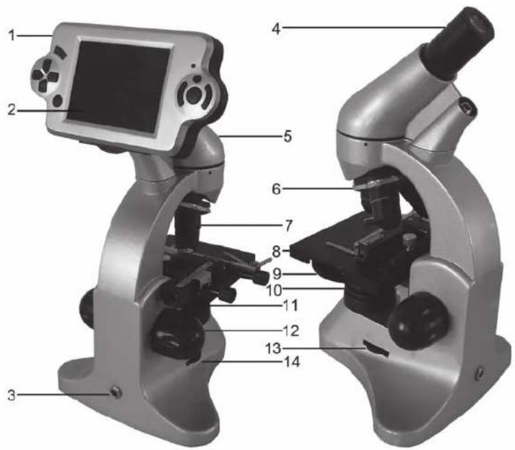 Labeled diagram of a microscope with numbered parts for identification