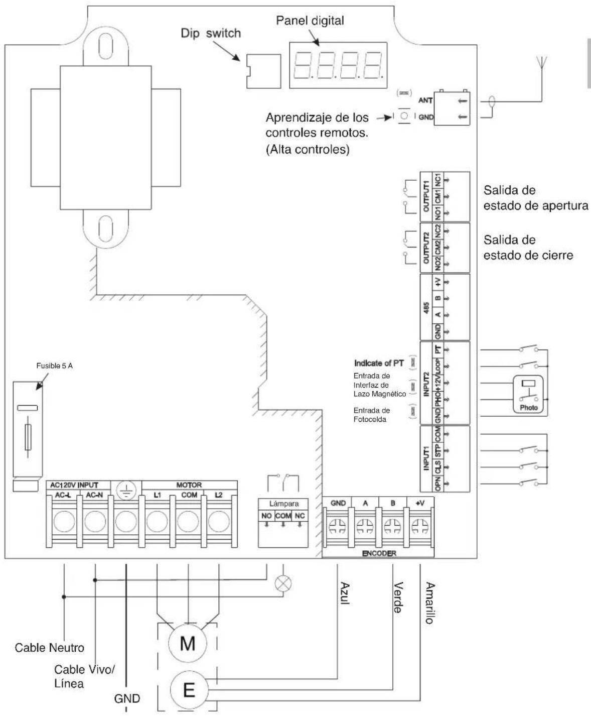 Dip switch Panel digital Aprendizaje de los controles remotos. (Alta controles) Fusible 5 A AC120V INPUT MOTOR Lámpara GND A B +V ENCODER Azul Verde Amarillo Cable Neutro Cable Vivo/ Línea GND Ant GND 485 A B +V GND INPUT2 PHO+12VLOOP PT GND GND INPUT1 CLS STP COM Photo Salida de estado de apertura Salida de estado de cierre Indicate of PT Entrada de Interfaz de Lazo Magnético Entrada de Fotocelda