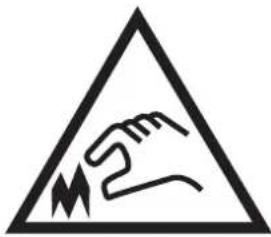 Warning sign depicting a hand holding a broken piece of material, indicating electrical hazard or safety warning.