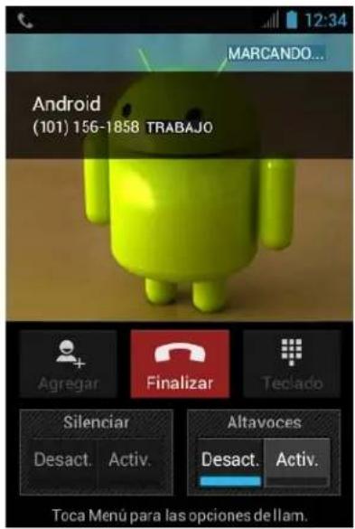 MARCANDO... Android (101) 156-1858 TRABAJO Agregar Finalizar Teclado Silenciar Desact. Activ. Altavoces Desact. Activ. Toca Menú para las opciones de llam.