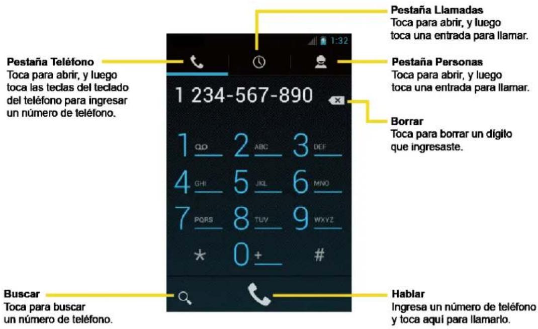 Pestaña Teléfono Toca para abrir, y luego toca las teclas del teclado del teléfono para ingresar un número de teléfono. 1 234-567-890 Pestaña Llamadas Toca para abrir, y luego toca una entrada para llamar. Pestaña Personas Toca para abrir, y luego toca una entrada para llamar. Borrar Toca para borrar un dígito que ingresaste. Buscar Toca para buscar un número de teléfono. Hablar Insgresa un número de teléfono y toca aquí para llamarlo.