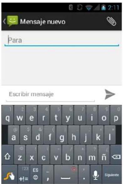 Mensaje nuevo Para Escribir mensaje 1 2 3 4 5 6 7 8 9 0 q w e r t y u i o p a s d f g h j k l ↑ z x c v b n m ñ 123 ES - +!= , - . Siguiete