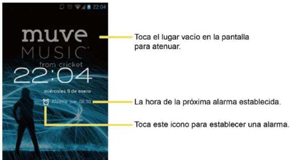 muve MUSIC® from cricket 22:04 miércoles 9 de enero Alarma' jue. 08.30 Toca el lugar vacío en la pantalla para atenuar. La hora de la próxima alarma establecida. Toca este icono para establecer una alarma.