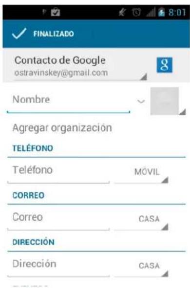 FINALIZADO Contacto de Google ostravinskey@gmail.com Nombre Agregar organización TELÉFONO Teléfono MÓVIL CORREO Correo CASA DIRECCIÓN Dirección CASA