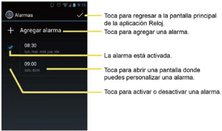 Toca para regresar a la pantalla principal de la aplicación Reloj. Toca para agregar una alarma. Agregar alarma 08:30 lun, mar, mié, jue, vie 09:00 sáb, dom La alarma está activada. Toca para abrir una pantalla donde puedes personalizar una alarma. Toca para activar o desactivar una alarma.