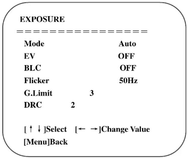 EXPOSURE Mode Auto EV OFF BLC OFF Flicker 50Hz G.Limit 3 DRC 2 [↑↓]Select [←→]Change Value [Menu]Back