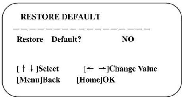 RESTORE DEFAULT ==================== Restore Default? NO [↑↓]Select [←→]Change Value [Menu]Back [Home]OK