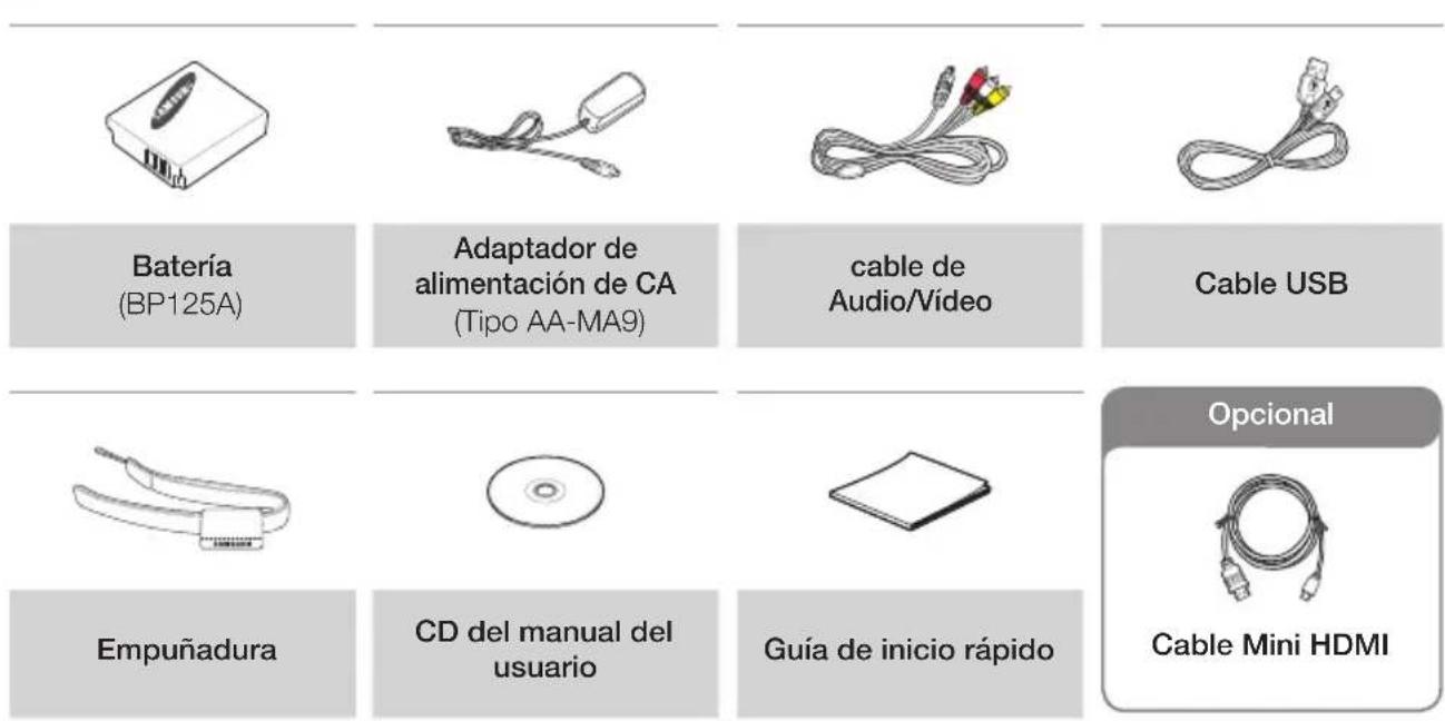 Batería (BP125A) Adaptador de alimentación de CA (Tipo AA-MA9) cable de Audio/Vídeo Cable USB Empuñadura CD del manual del usuario Guía de inicio rápido Opcional Cable Mini HDMI