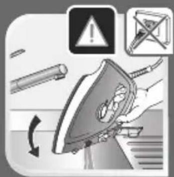 Diagram illustrating iron iron ironing process with warning symbols and directional arrows