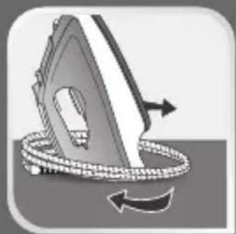 Illustration of a steam iron being pulled by a rope, showing rotational motion (no text or symbols)
