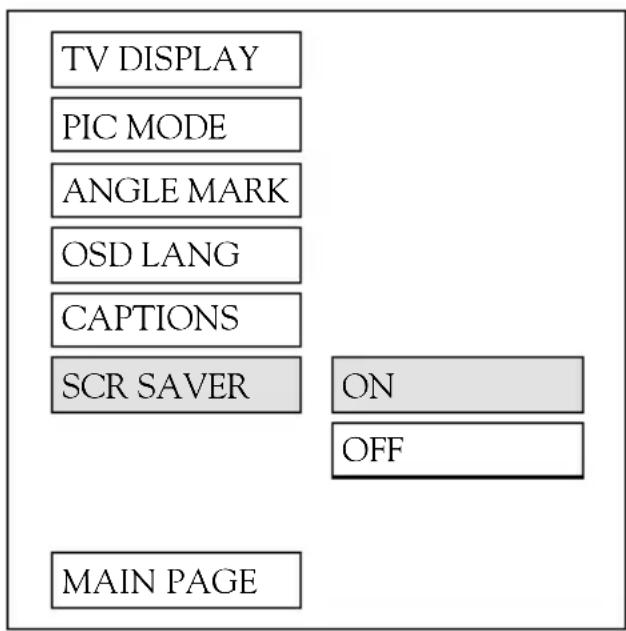 TV DISPLAY PIC MODE ANGLE MARK OSD LANG CAPTIONS SCR SAVER ON OFF MAIN PAGE