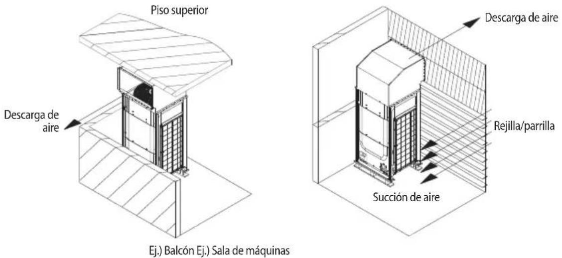 Piso superior Descarga de aire Ej.) Balcón Ej.) Sala de máquinas Descarga de aire Rejilla/parrilla Succión de aire