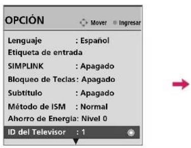 OPCIÓN Lenguaje : Español Etiqueta de entrada SIMPLINK : Apagado Bloqueo de Teclas : Apagado Subtítulo : Apagado Método de ISM : Normal Ahorro de Energía: Nivel 0 ID del Televisor : 1