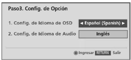 Paso3. Config. de Opción 1. Config. de Idioma de OSD 2. Config. de Idioma de Audio Español (Spanish) Inglés Ingresar RETURN Salir