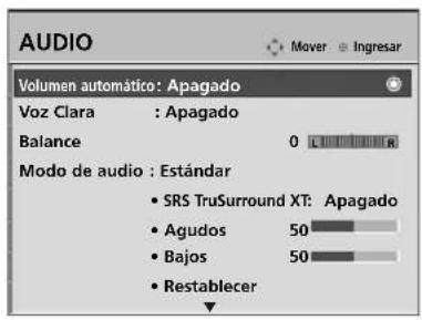 AUDIO Volumen automático: Apagado Voz Clara : Apagado Balance 0 Modo de audio : Estándar • SRS TruSurround XT: Apagado • Agudos 50 • Bajos 50 • Restablecer
