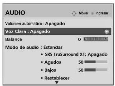 AUDIO Volumen automático: Apagado Voz Clara : Apagado Balance 0 L R Modo de audio : Estándar • SRS TruSurround XT: Apagado • Agudos 50 • Bajos 50 • Restablecer