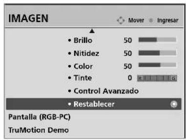 IMAGEN • Brillo 50 • Nitidez 50 • Color 50 • Tinte 0 • Control Avanzado • Restablecer Pantalla (RGB-PC) TruMotion Demo