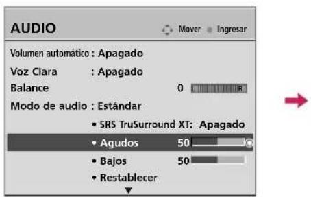 AUDIO Volumen automático : Apagado Voz Clara : Apagado Balance 0 R Modo de audio : Estándar • SRS TruSurround XT: Apagado • Agudos 50 • Bajos 50 • Restablecer
