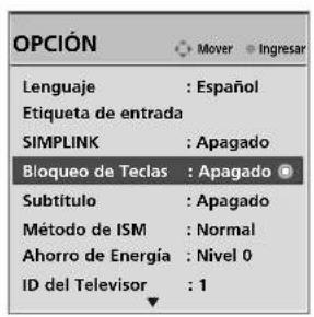 OPCIÓN Lenguaje : Español Etiqueta de entrada SIMPLINK : Apagado Bloqueo de Teclas : Apagado Subtítulo : Apagado Método de ISM : Normal Ahorro de Energía : Nivel 0 ID del Telesor : 1