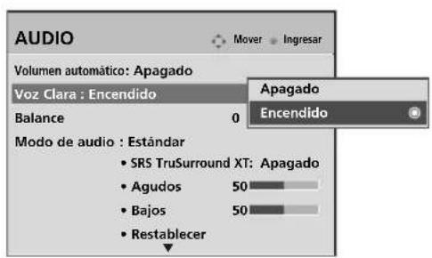 AUDIO Volumen automático: Apagado Voz Clara : Encendido Balance 0 Apagado Encendido Modo de audio : Estándar • SRS TruSurround XT: Apagado • Agudos 50 • Bajos 50 • Restablecer