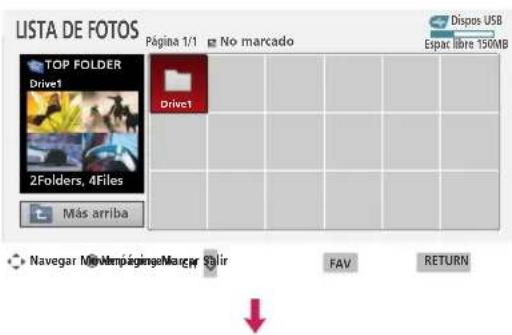 LISTA DE FOTOS Página 1/1 □ No marcado Dispos USB Epar libre 150MB TOP FOLDER Drive1 Drive1 2Folders, 4Files Más arriba Navegar MioAmpaginge Margar Stirir FAV RETURN