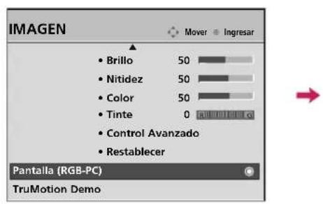 IMAGEN • Brillo 50 • Nitidez 50 • Color 50 • Tinte 0 • Control Avanzado • Restablecer Pantalla (RGB-PC) TruMotion Demo