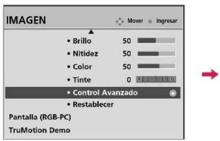 IMAGEN • Brillo 50 • Nitidez 50 • Color 50 • Tinte 0 • Control Avanzado • Restablecer Pantalla (RGB-PC) TruMotion Demo