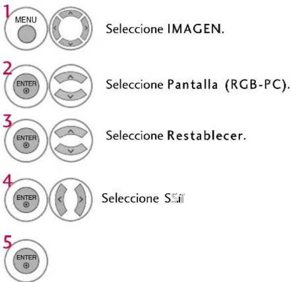 1 MENU 2 ENTER 3 ENTER 4 ENTER 5 Seleccione IMAGEN. Seleccione Pantalla (RGB-PC). Seleccione Restablecer. Seleccione Sui