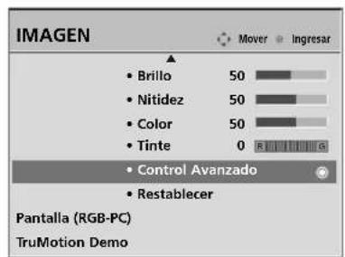IMAGEN • Brillo 50 • Nitidez 50 • Color 50 • Tinte 0 • Control Avanzado • Restablecer Pantalla (RGB-PC) TruMotion Demo