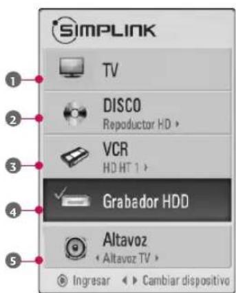 SIMPLINK TV DISCO Reproductor HD > VCR HD HT 1 > Grabador HDD Altavoz • Altavoz TV > Ingresar ▶ Cambiar dispositivo