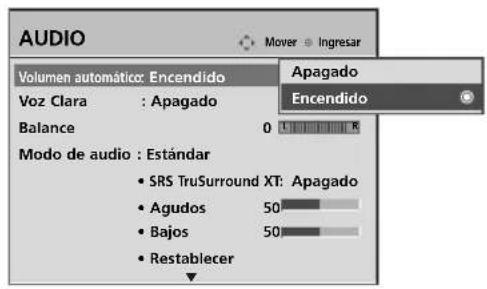AUDIO Volumen automático: Encendido Voz Clara : Apagado Balance 0 L R Modo de audio : Estándar • SRS TruSurround XT: Apagado • Agudos 50 • Bajos 50 • Restablecer Apagado Encendido