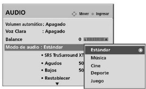 AUDIO Volumen automático: Apagado Voz Clara : Apagado Balance 0 L R Modo de audio : Estándar • SRS TruSurround XT • Agudos 50 • Bajos 50 • Restablecer Estándar Música Cine Deporte Juego