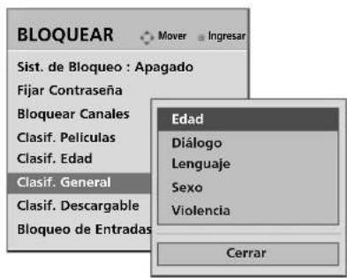 BLOQUEAR Sist. de Bloqueo : Apagado Fijar Contrasena Bloquear Canales Clasif. Películas Clasif. Edad Clasif. General Clasif. Descargable Bloqueo de Entradas Edad Diálogo Lenguaje Sexo Violencia Cerrar