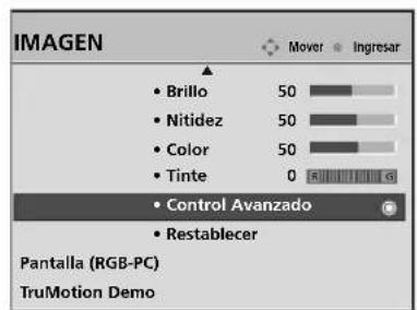 IMAGEN • Brillo 50 • Nitidez 50 • Color 50 • Tinte 0 • Control Avanzado • Restablecer Pantalla (RGB-PC) TruMotion Demo