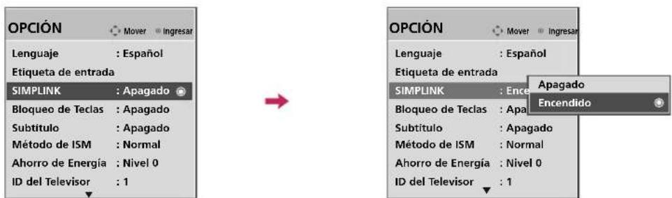 OPCIÓN Lenguaje : Español Etiqueta de entrada SIMPLINK : Apagado Bloqueo de Teclas : Apagado Subtítulo : Apagado Método de ISM : Normal Ahorro de Energía : Nivel 0 ID del Televisor : 1 OPCIÓN Lenguaje : Español Etiqueta de entrada SIMPLINK : Encendido Bloqueo de Teclas : Apagado Subtítulo : Apagado Método de ISM : Normal Ahorro de Energía : Nivel 0 ID del Televisor : 1