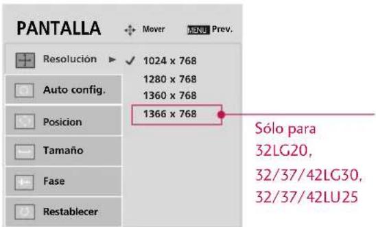 PANTALLA Resolución ▶ 1024 x 768 Auto config. Posicion Tamaño Fase Restablecer 1280 x 768 1360 x 768 1366 x 768 Sólo para 32LG20, 32/37/42LG30, 32/37/42LU25