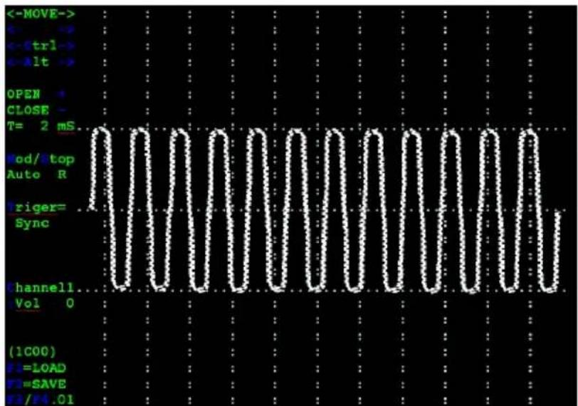 <-MOVE-> <-trl-> OPEN + CLOSE - T= 2 mS. Mod/ top Auto R Triger= Sync Channel1 Vol 0 (1C00) V1=LOAD V3=SAVE V3/P4.01