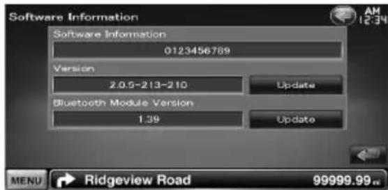 Software Information Software Information 0123456789 Version 2.0.5-213-210 Update Bluetooth Module Version 1.39 Update MENU → Ridgeview Road 99999.99