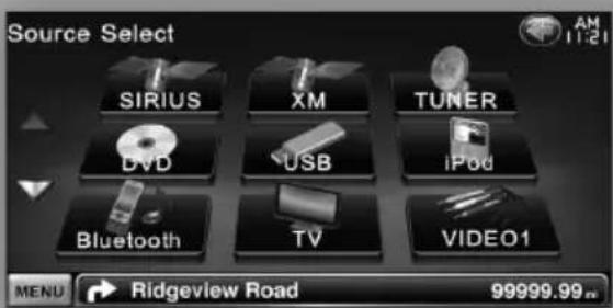 Source Select SIRIUS XM TUNER DVD USB iPod Bluetooth TV VIDEO1 MENU Ridgeview Road 99999.99