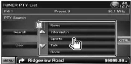 TUNER PTY List FM 1 Preset 8 98.1 MHz PTY Search Search User 1 News Informatin Sports Talk Rock CTRL MENU Ridgeview Road 99999.99 m